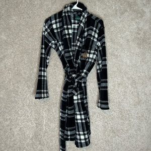 Lauren ralph lauren fleece plaid robe tie waist black/white logo women’s sz med